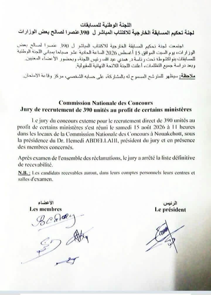 اللجنة الوطنية للمسابقات تعلن اللائحة النهائية للمقبولين